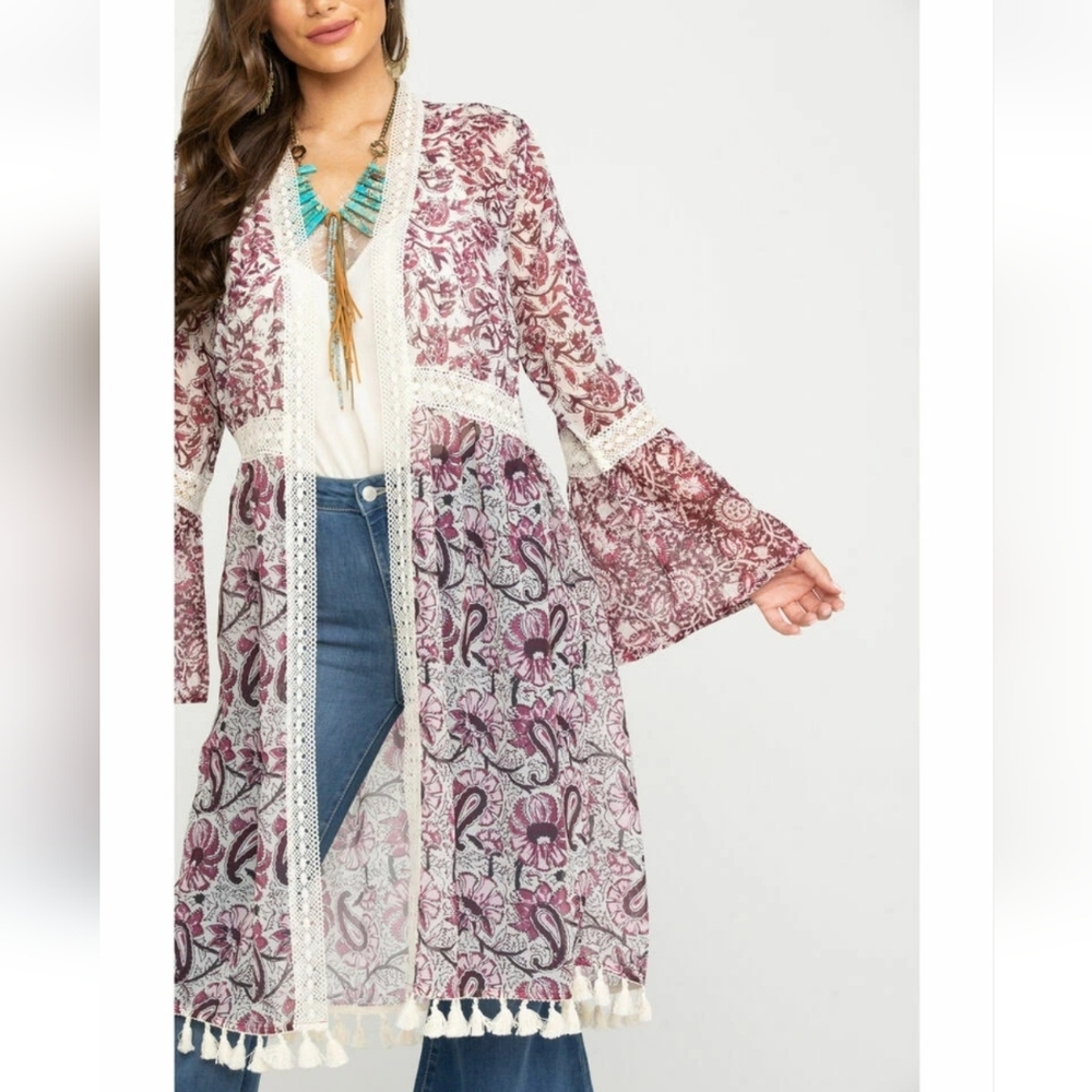 Tasha Polizzi Free Spirit Duster Size Medium Rose Paisley Open Lace Sheer Boho - Picture 2 of 16
